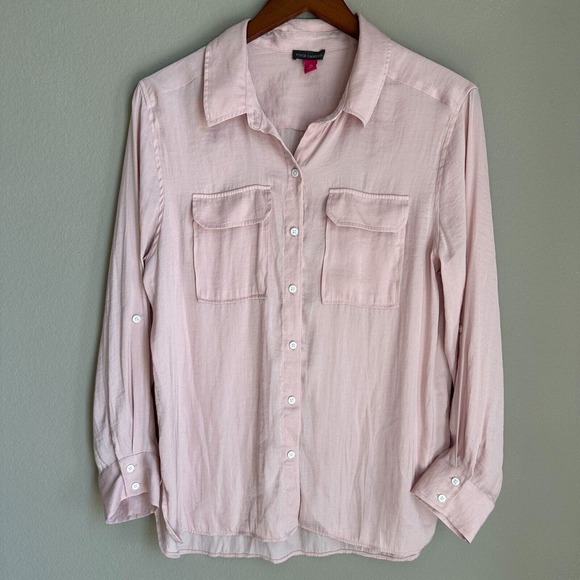 Vince Camuto Pink Button Up Top Satin Long Sleeve Collared Career Women's M - Picture 1 of 8